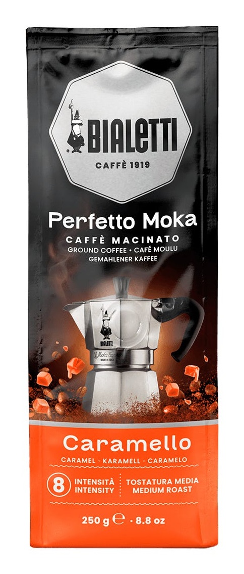 Bialetti Caffè Macinato Perfetto Moka Caramello 250 g - Tostatura Media, Aroma Persistente