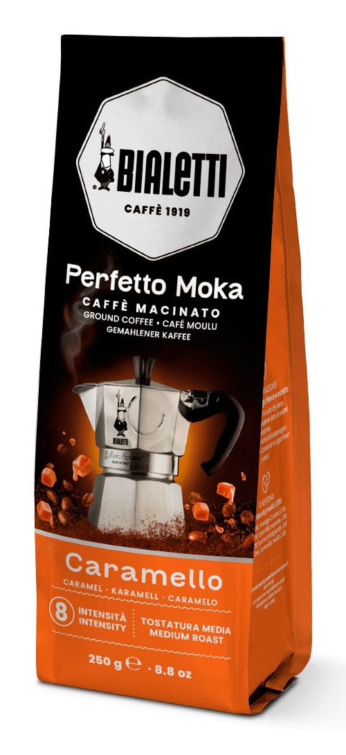 Bialetti Caffè Macinato Perfetto Moka Caramello 250 g - Tostatura Media, Aroma Persistente