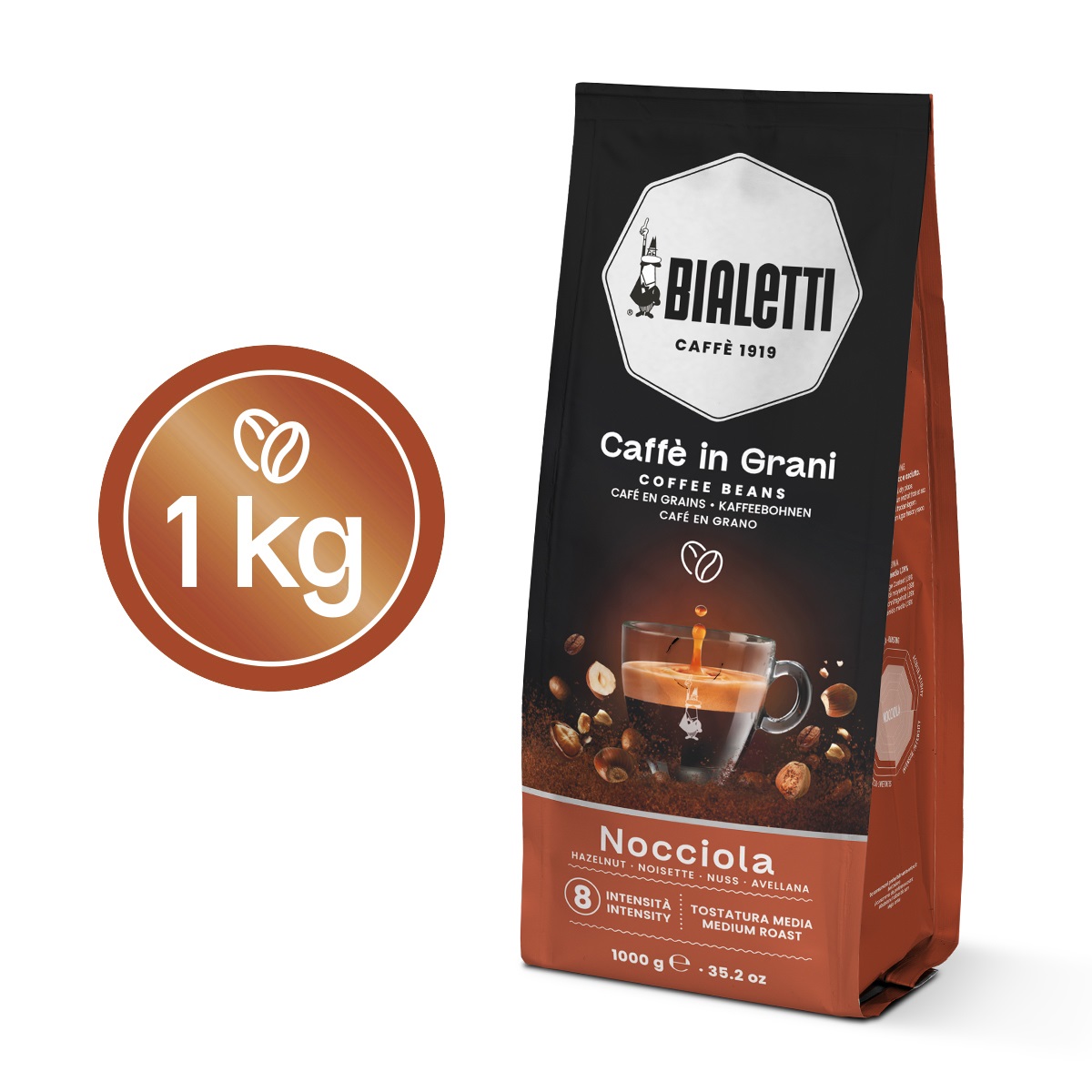 Bialetti Caffè in Grani Nocciola 1 kg - 80% Arabica, Tostatura Media, Intensità 8