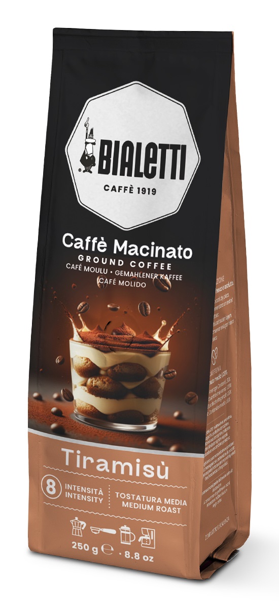 Bialetti Caffè Macinato Universale al Tiramisù 250 g - Miscela 80% Arabica, 20% Robusta, Tostatura Media, Ideale per Moka, French Press ed Espresso