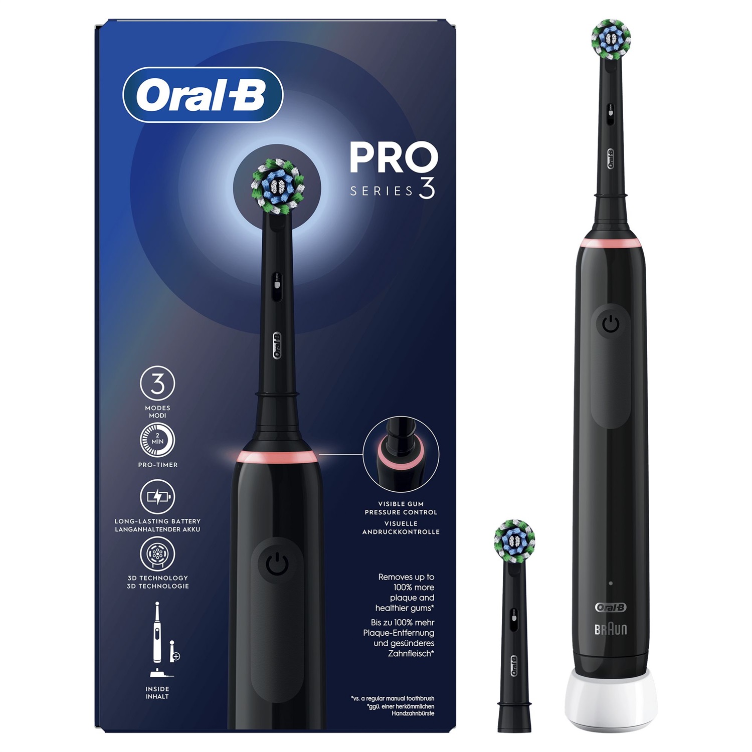 Oral-B Pro 3 3000 Spazzolino Elettrico Ricaricabile Nero con 2 Testine - Pulizia Avanzata e Timer Professionale