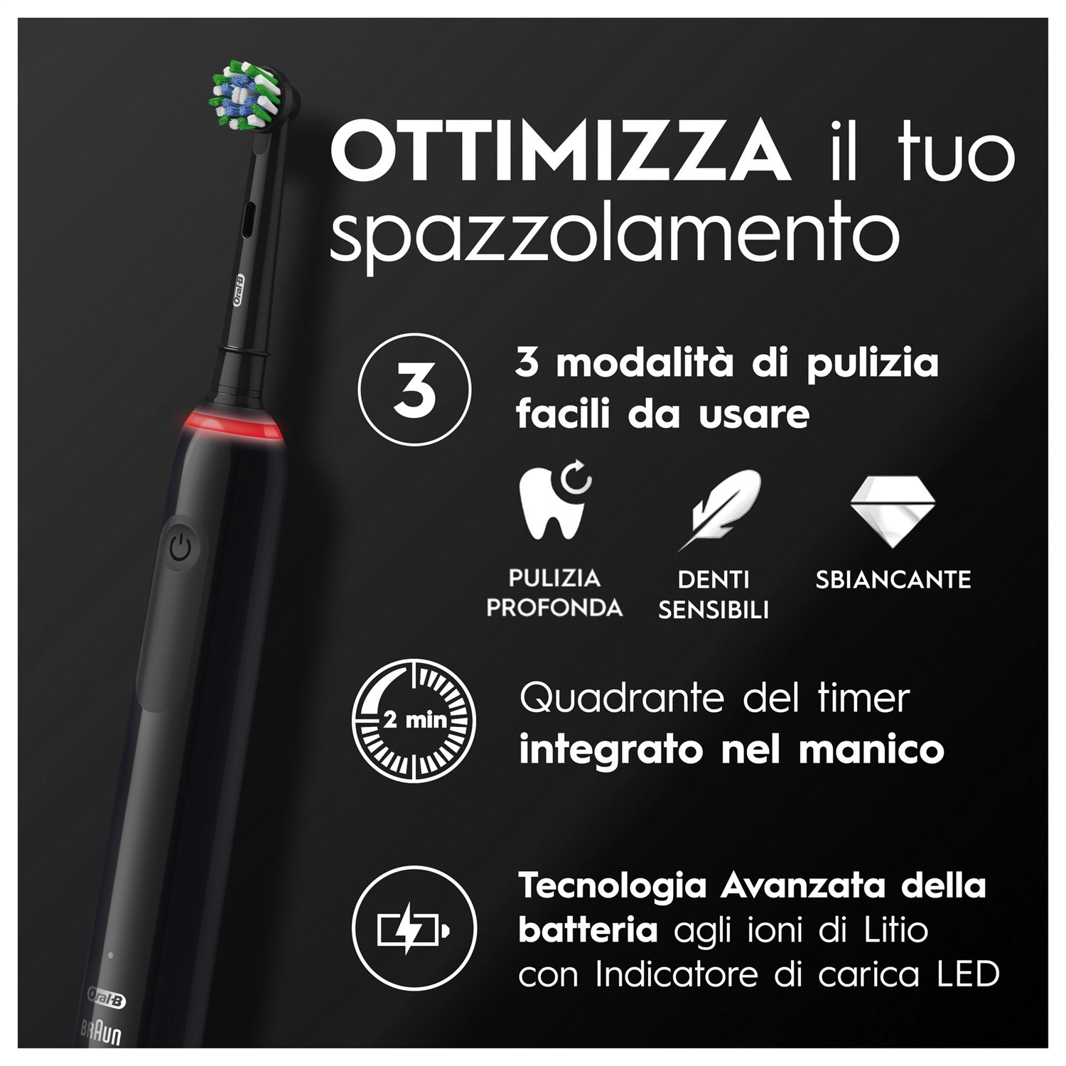 Oral-B Pro 3 3000 Spazzolino Elettrico Ricaricabile Nero con 2 Testine - Pulizia Avanzata e Timer Professionale