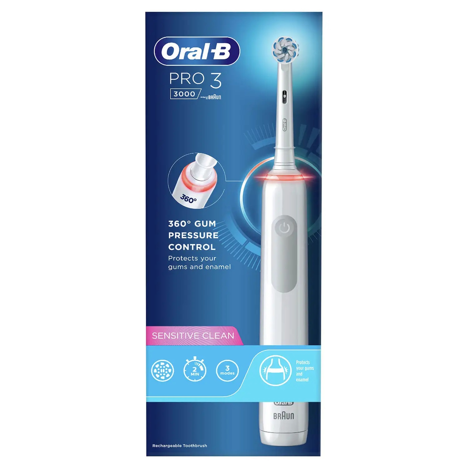 Oral-B Pro 3 Spazzolino Elettrico Ricaricabile Bianco con 2 Testine di Ricambio - Rimuove fino al 100% di Placca, Modalità Sensibile e Timer Integrato