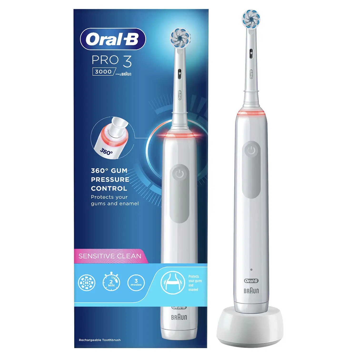 Oral-B Pro 3 Spazzolino Elettrico Ricaricabile Bianco con 2 Testine di Ricambio - Rimuove fino al 100% di Placca, Modalità Sensibile e Timer Integrato