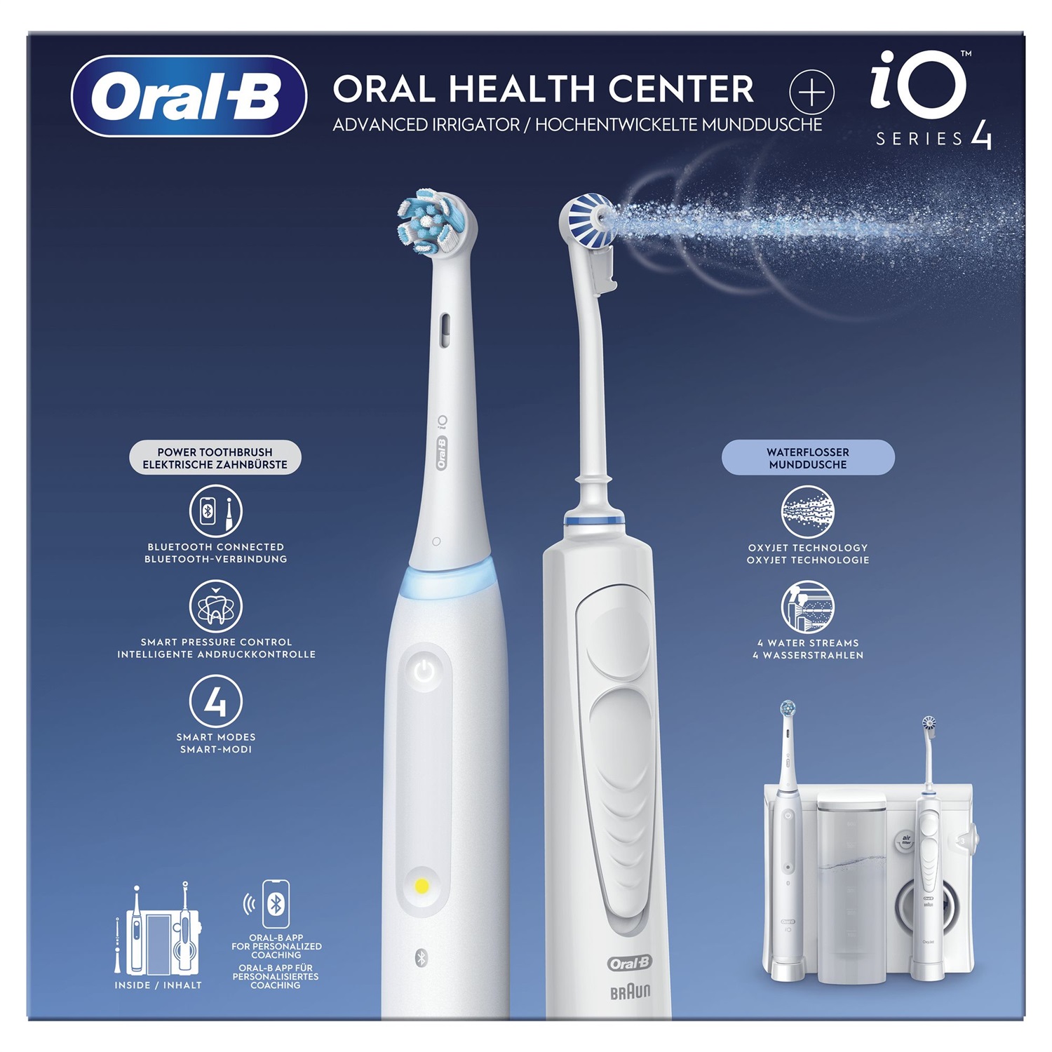 Oral-B Idropulsore e Spazzolino Elettrico Health Center iO Bianco - Tecnologia Microbollicine, 5 Modalità di Pressione, 1 Beccuccio Oxyjet e 2 Testine di Ricambio