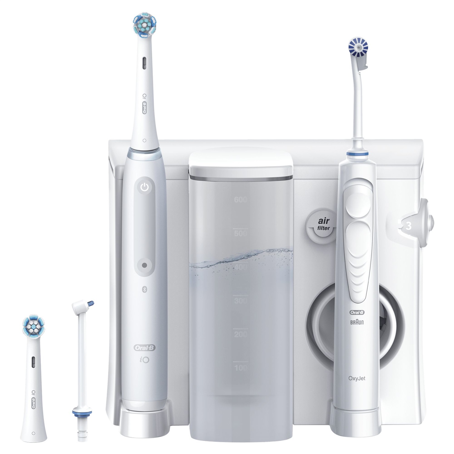 Oral-B Idropulsore e Spazzolino Elettrico Health Center iO Bianco - Tecnologia Microbollicine, 5 Modalità di Pressione, 1 Beccuccio Oxyjet e 2 Testine di Ricambio