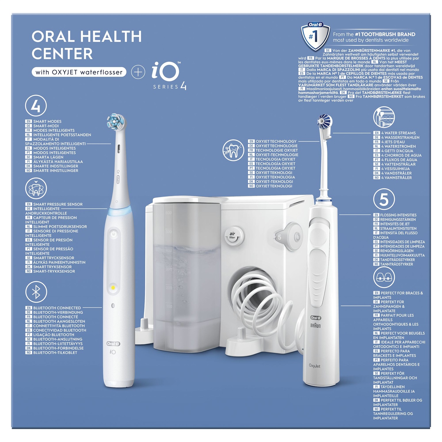 Oral-B Idropulsore e Spazzolino Elettrico Health Center iO Bianco - Tecnologia Microbollicine, 5 Modalità di Pressione, 1 Beccuccio Oxyjet e 2 Testine di Ricambio
