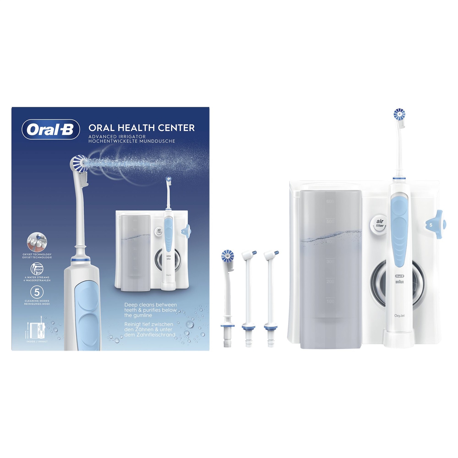 Oral-B Idropulsore Health Center Avanzato MD20 con 2 Beccucci Oxyjet, 2 Beccucci Con Getto D'acqua, 5 Modalità di Pressione e 4 Getti