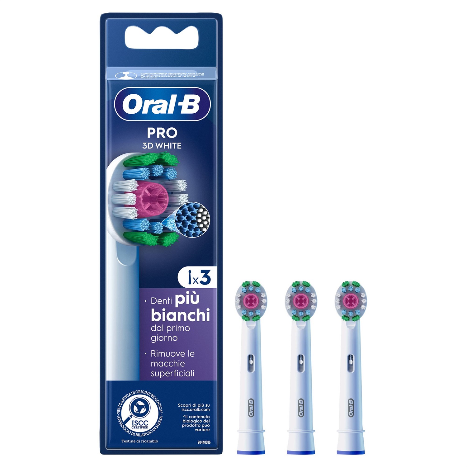 Oral-B Pro 3D White Testine di Ricambio, 3 Pezzi - Coppetta Lucidante e Setole a X per Pulizia Profonda