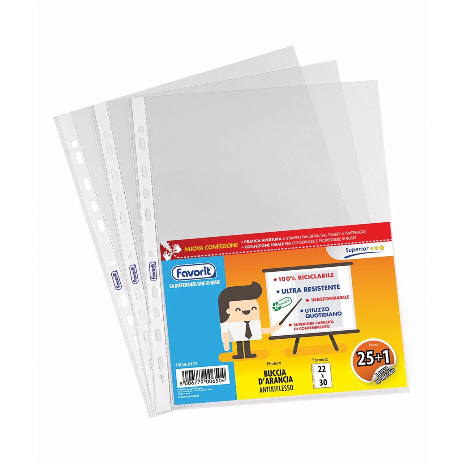 Favorit 400083624 - Buste a Foratura Universale in Polipropilene (PP) con Finitura Buccia d'Arancia Anti-Riflesso, 22 x 30 cm, Confezione da 26