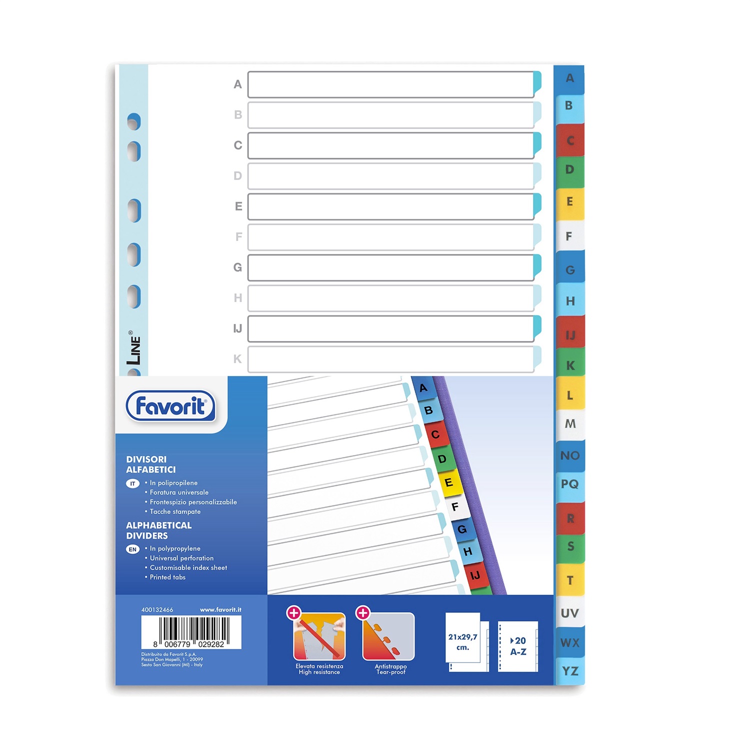 Favorit 400132466 Divisori Alfabetici A-Z in Polipropilene 120my con 20 Tacche Colorate, Formato A4, Foratura Universale e Frontespizio Scrivibile
