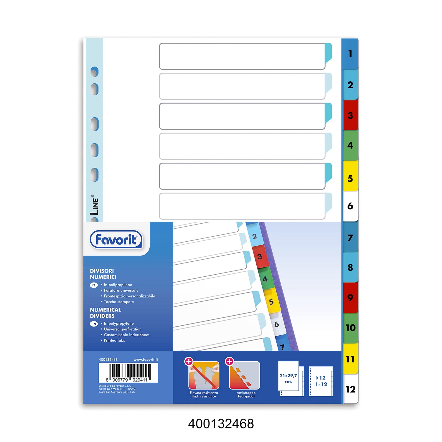 Favorit Divisori Numerici 1-12 a 12 Tacche Colorate in Polipropilene (PP) - Formato A4 - 120 micron - Colori Assortiti