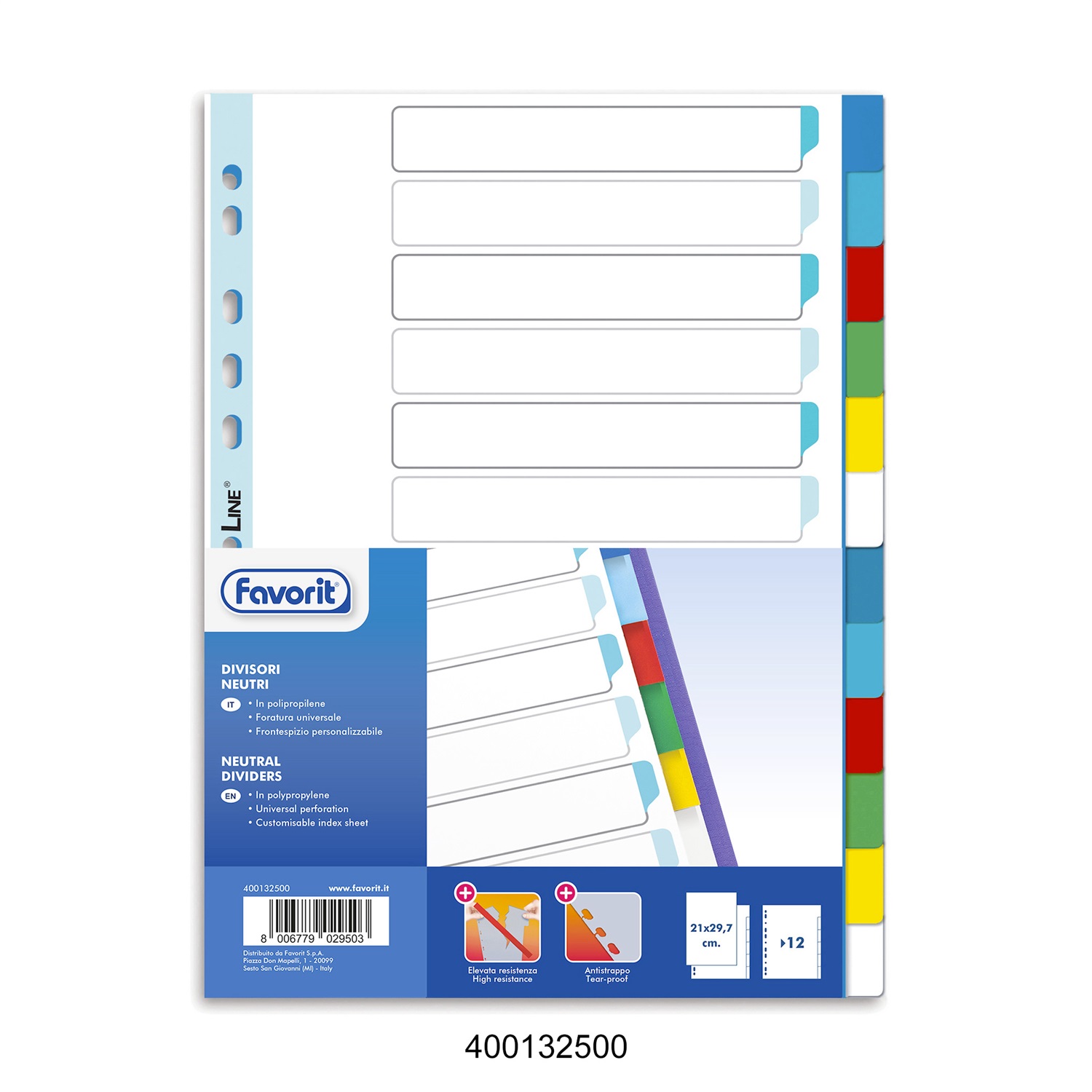 Favorit Divisori Neutri A4 in Polipropilene (PP) da 120 micron con 12 Tacche Colorate e Frontespizio Scrivibile
