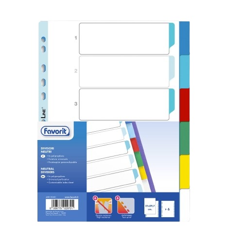 Favorit Divisori Neutri a 6 Tacche Colorate in Polipropilene (PP) - Formato A4, Foratura Universale, Frontespizio Scrivibile