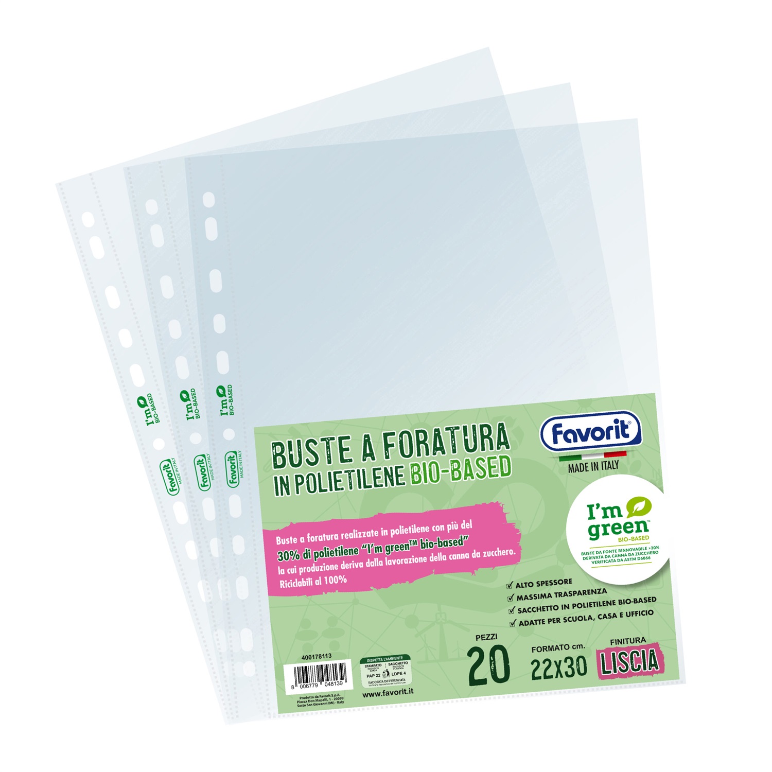 Favorit Buste a Foratura Universale 22 x 30 cm in Polietilene Trasparente Bio-Based (30% Rinnovabile) - Conf. 20 Pezzi