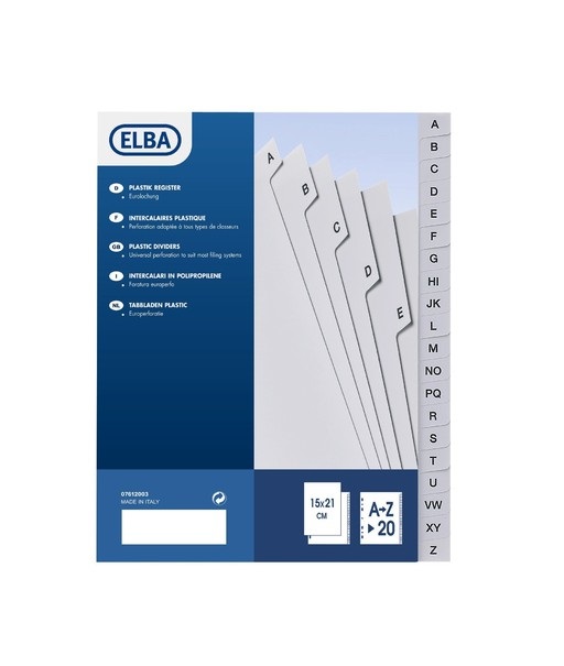 Elba 400006681 - Divisori Alfabetici A-Z in Polipropilene Grigio con 20 Tacche, Formato A4 (21x29,7 cm)