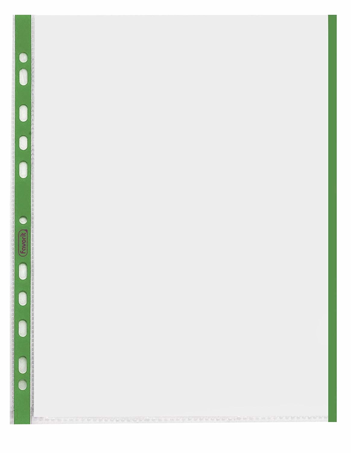 Favorit Buste Forate A4 con Banda Verde - Polipropilene Trasparente Buccia d'Arancia - 21 x 29,7 cm - Confezione da 10 Pezzi