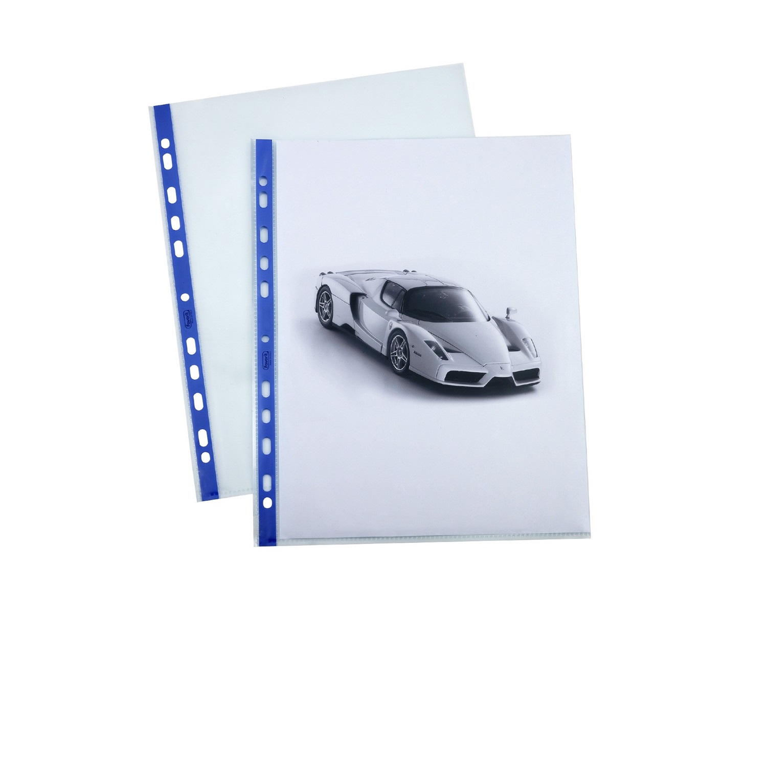 Favorit Buste Trasparenti A4 con Banda Blu - Polipropilene, Foratura Universale, Finitura Buccia d'Arancia, Confezione da 10 Pezzi