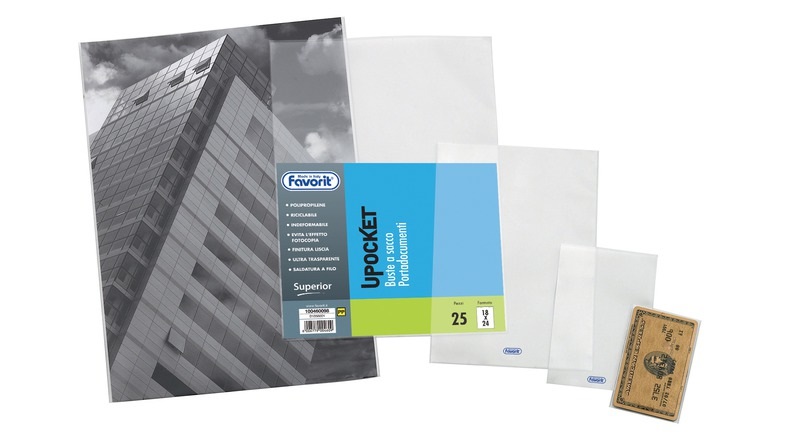 Favorit Buste Senza Foratura UPOCKET in Polipropilene Trasparente, 25 Pezzi, Formato 11 x 16 cm