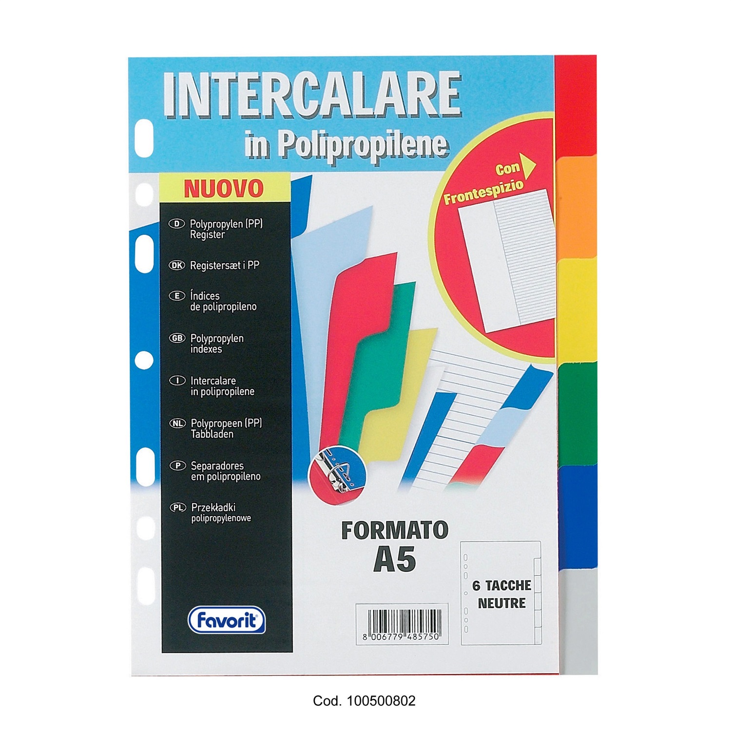 Favorit 100500802 Divisori A5 in Polipropilene con 6 Tacche Neutre Colorate, Foratura Universale, Frontespizio Scrivibile - 25 pz