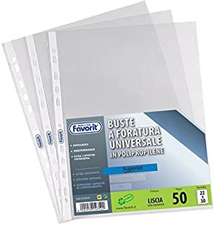 Favorit Buste Trasparenti a Foratura Universale 22 x 30 cm, Apertura Su Due Lati, Finitura Liscia, Confezione da 50 Pezzi, Spessore Superior