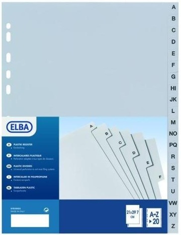 Elba Divisori Alfabetici 400006685 in Polipropilene Grigio A-Z con 20 Tacche, 23 x 30,5 cm