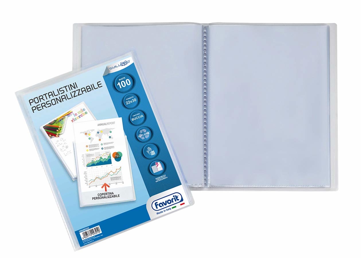 Favorit Portalistino Personalizzabile in Polipropilene Trasparente con 100 Buste Buccia d'Arancia - Formato 22x30 cm