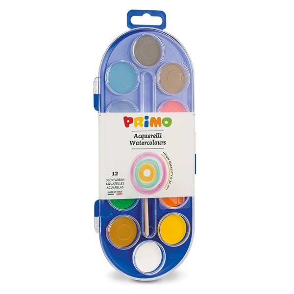 Primo Acquerelli in Pastiglia - 12 Colori Assortiti Ø 30 mm - Scatola di Plastica con Pennello