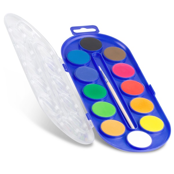 Primo Acquerelli in Pastiglia - 12 Colori Assortiti Ø 30 mm - Scatola di Plastica con Pennello