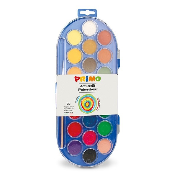 Primo Acquerelli in Pastiglia - 22 Colori Assortiti Ø 30 mm, Scatola di Plastica con Pennello e Coperchio Tavolozza
