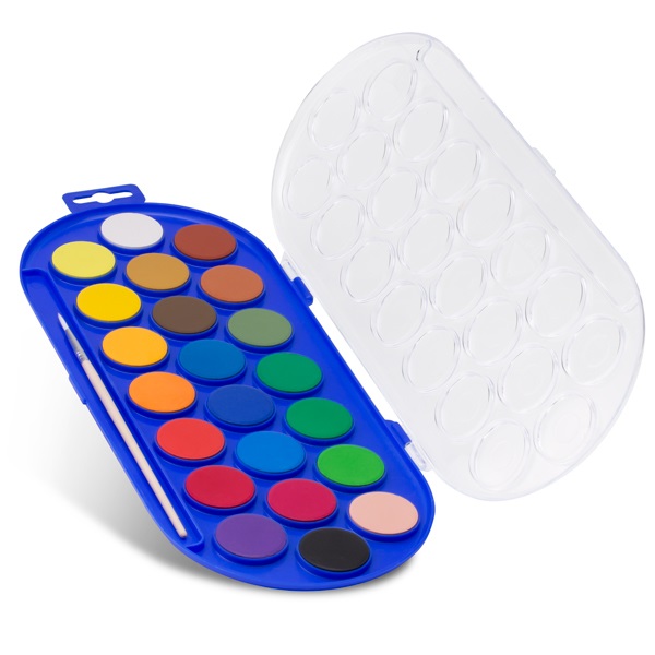 Primo Acquerelli in Pastiglia - 22 Colori Assortiti Ø 30 mm, Scatola di Plastica con Pennello e Coperchio Tavolozza