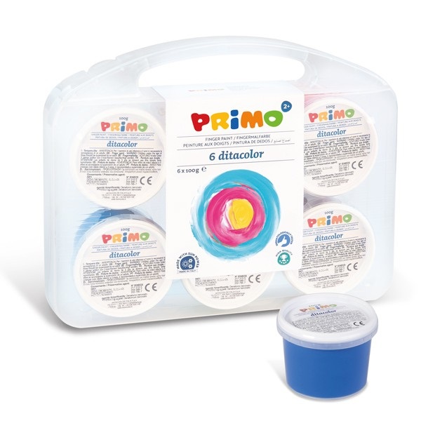 Primo Tempera a Dita Valigetta 6 Colori Assortiti 100 g - Dermatologicamente Testata, Adatta ai Bambini