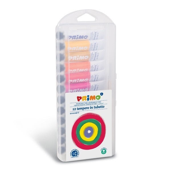 Primo 448T12AP - Tempera in tubetto da 12 ml, 12 colori assortiti, astuccio in polipropilene con 1 pennello