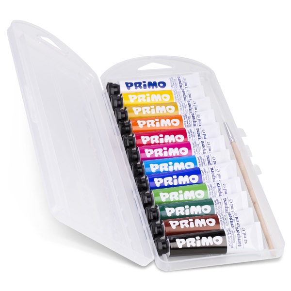 Primo 448T12AP - Tempera in tubetto da 12 ml, 12 colori assortiti, astuccio in polipropilene con 1 pennello