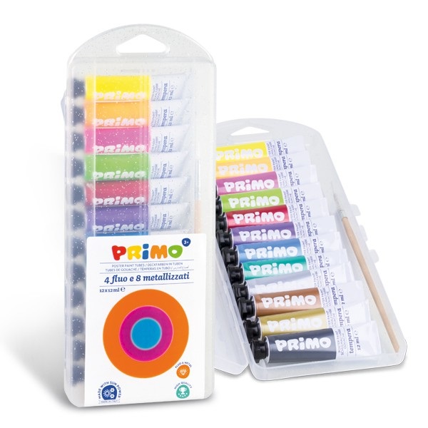 PRIMO Tempera in tubetto da 12 ml - Scatola da 12 pezzi (4 fluo e 8 metallizzati) Pennello - Colori per Bambini 3 Anni