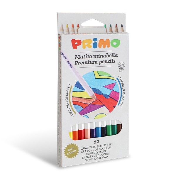 Primo Minabella Matite Colorate Esagonali Laccate Ø 3,8 mm - Confezione da 12 Colori Assortiti