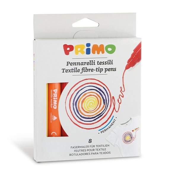 Primo Pennarelli per Tessuto Permanenti - 8 Colori Assortiti, Punta 4,1 mm, Scatola di Cartone