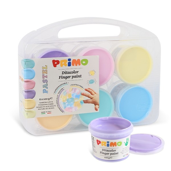 Primo Tempera a Dita 100g - Valigetta con 6 Colori Assortiti Pastello per Bambini 2 Anni, Dermatologicamente Testata