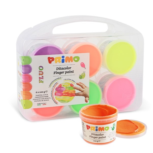 Primo Tempera a Dita 100 ml - Valigetta 6 Colori Fluorescenti Assortiti (Verde, Lillà, Arancione, Rosa, Rosso, Giallo) - Dermatologicamente Testata