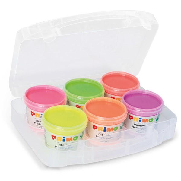 Primo Tempera a Dita 100 ml - Valigetta 6 Colori Fluorescenti Assortiti (Verde, Lillà, Arancione, Rosa, Rosso, Giallo) - Dermatologicamente Testata