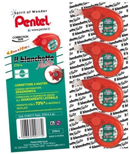 Pentel Il Bianchetto Correttore a Nastro 10 m x 4,2 mm - Bianco, Conf. 4 Pezzi