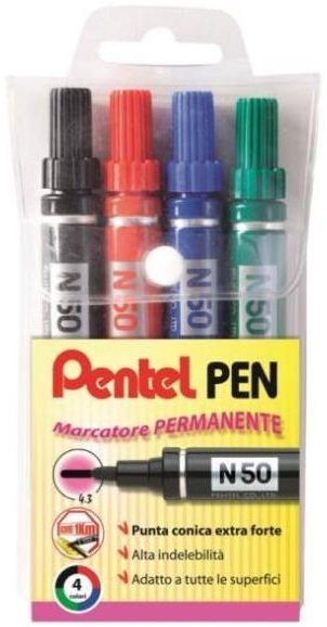 Pentel N50 Marcatore Permanente Punta Conica 4,3 mm - 4 Colori Assortiti (Nero, Blu, Verde, Rosso) - Fusto in Metallo