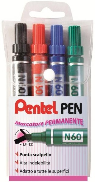 Pentel N60 Marcatore Permanente Punta Scalpello 4 Colori Assortiti (Nero, Rosso, Blu, Verde) - Fusto in Metallo, Alta Indelebilità, Lunghezza Scrittura 400m