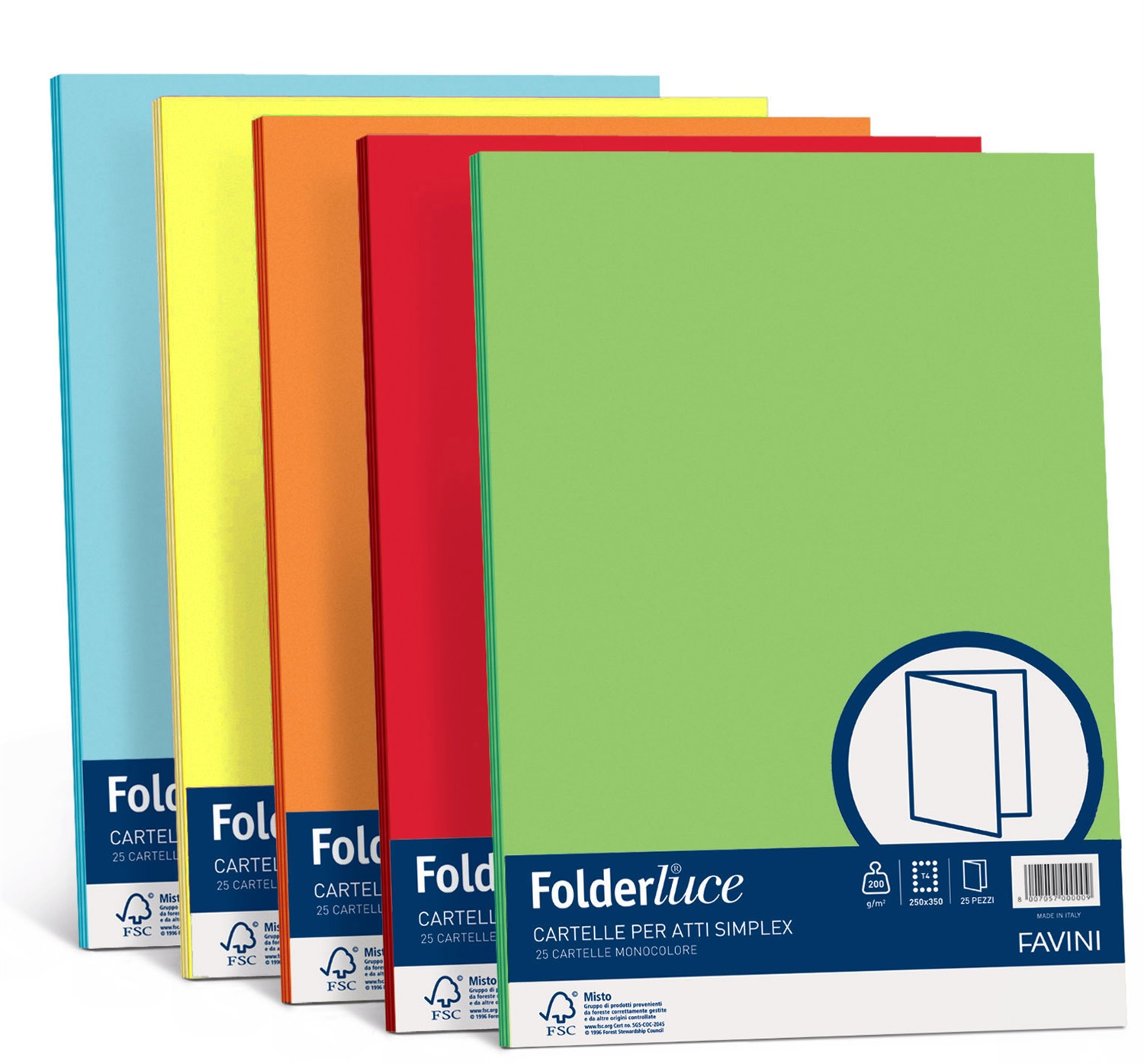 Favini Cartelline Semplici Luce&Acqua - 200 g/m² - Formato 25x34 cm - Mix 5 Colori - Conf. 50 Pezzi - Certificato FSC