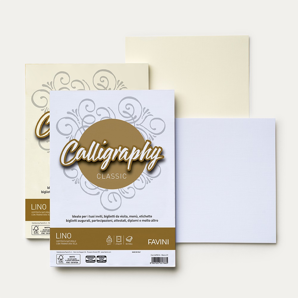 Favini Carta Calligraphy Lino A4 200g Bianco 01 - Confezione da 50 Fogli