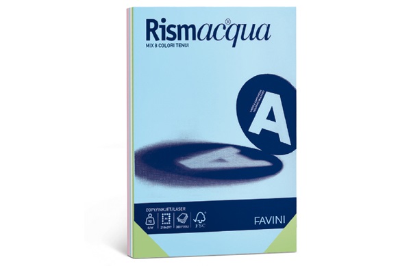 Favini Rismacqua Carta Colorata A3 140 g/m² - Risma da 200 Fogli Mix 5 Colori Tenui - Ideale per Stampa Inkjet e Laser