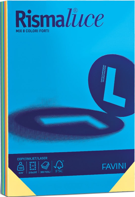Favini Rismaluce Carta Colorata 200 g/m² A4 - Risma da 125 Fogli Mix 8 Colori Forti