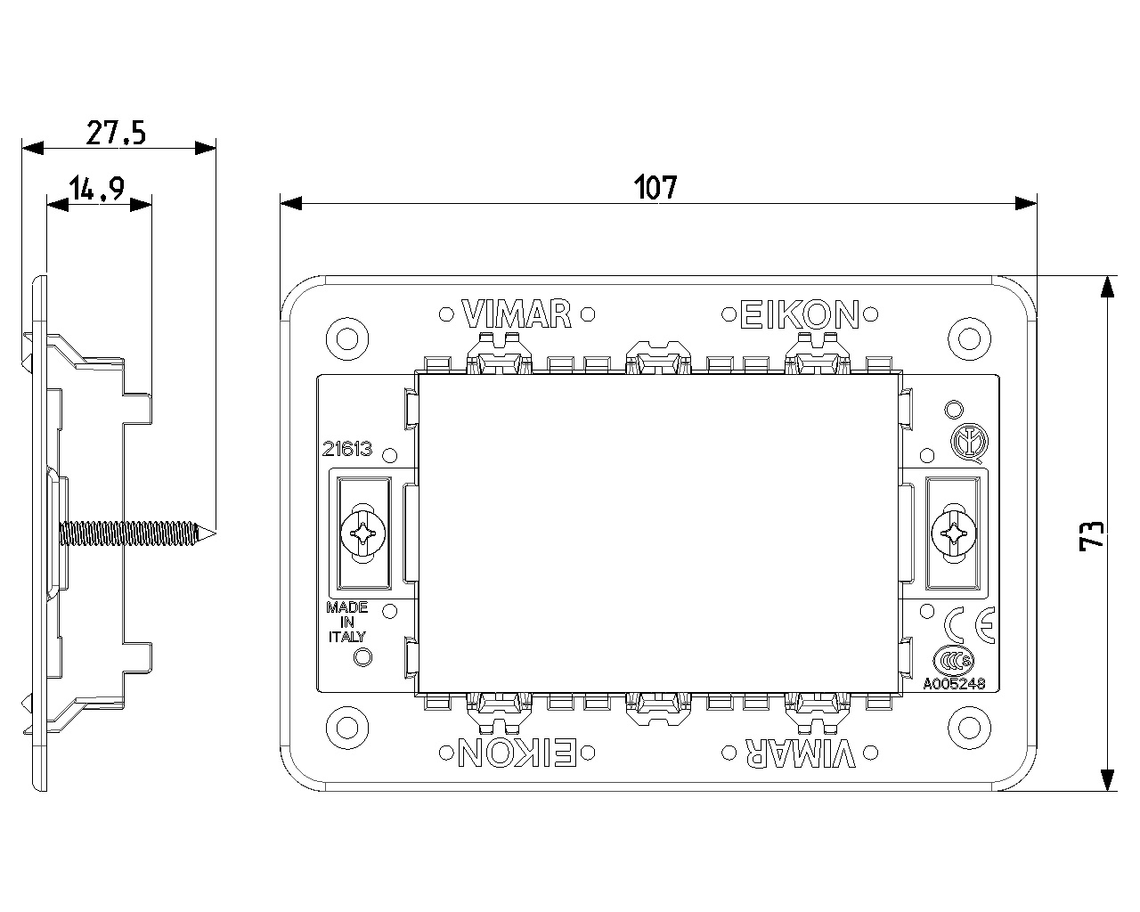 Vimar 21613 Eikon - Supporto 3 Moduli con Viti per Scatole da Incasso, Colore Grigio