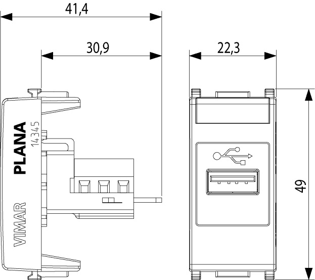 Vimar 14345 Presa USB Bianco - Connettore con Morsetti Vite, Dimensioni 22,30 x 49,00 x 41,40 mm