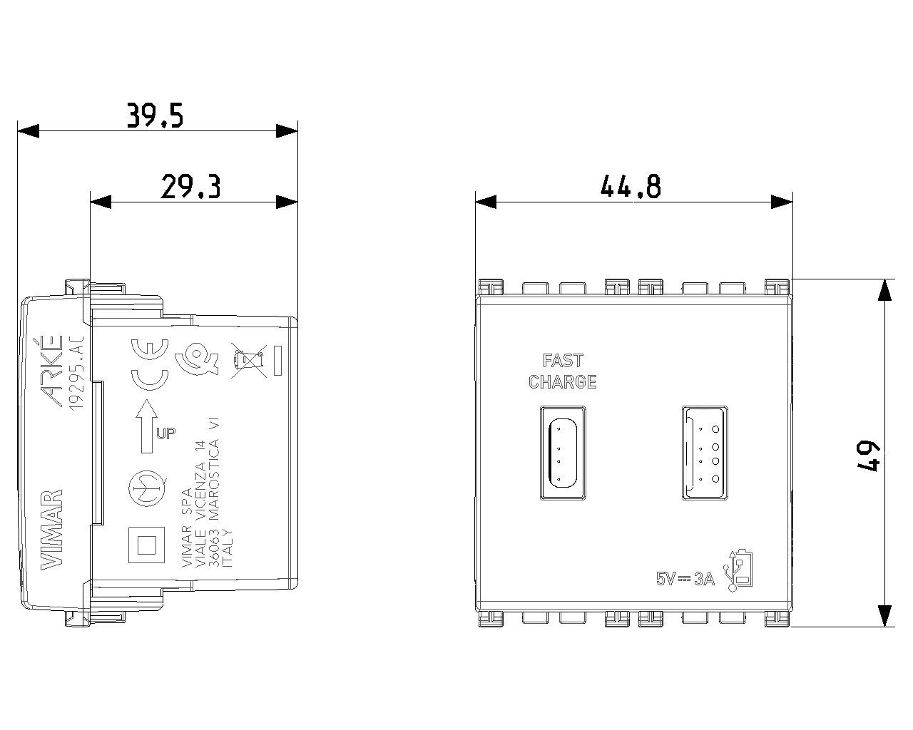 Vimar 19295.AC.B Presa USB 5V 15W con 1 uscita USB tipo A e 1 tipo C, 3A totale, ricarica veloce